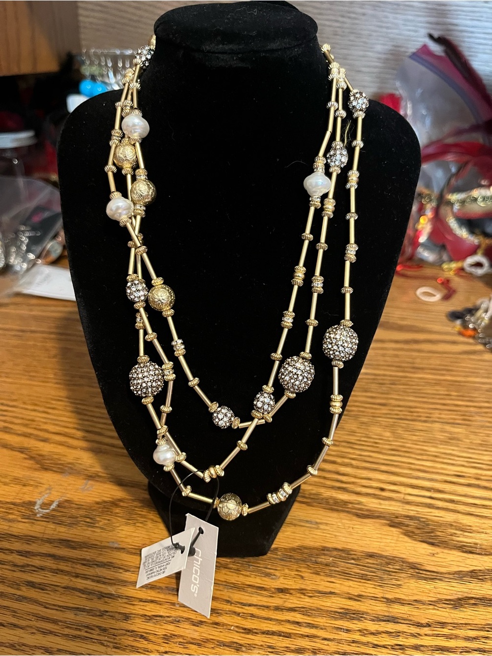 Chico's Gold Multi-Strand Pearl & Crystal Bead Necklace